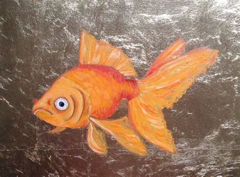 My Little Golden Goldfish Oil Painting on Lacquered Golden Leaf Canvas Frame (2016) Oil painting ...