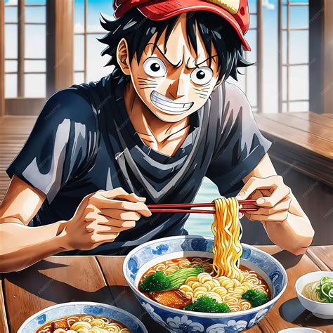 Premium AI Image | Luffy from One Piece eating ramen