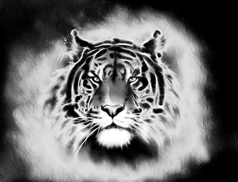 painting of a bright mighty tiger head on a soft toned abstract background eye contact. Black ...