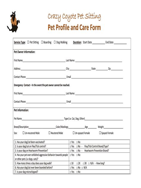 Crazy Coyote Pet Sitting Pet Profile and Care Form - Fill and Sign ...