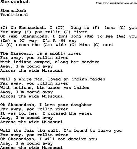 Traditional Song Shenandoah with Chords, Tabs and Lyrics | Traditional song, Folk song lyrics ...