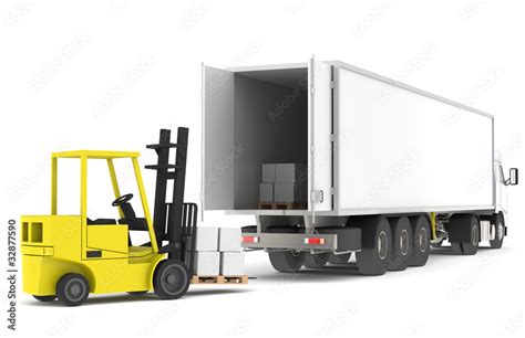 Forklift loading a Trailer. Blue and yellow logistics series. Stock ...