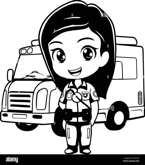 Cute cartoon girl in police uniform with fire truck. Vector illustration Stock Vector Image ...