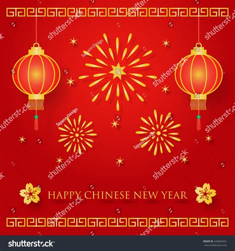 Chinese New Year Celebration With Fireworks On Red Background. Vector ...