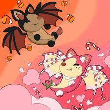 two cartoon animals flying through the air with candy in their mouths and hearts around them