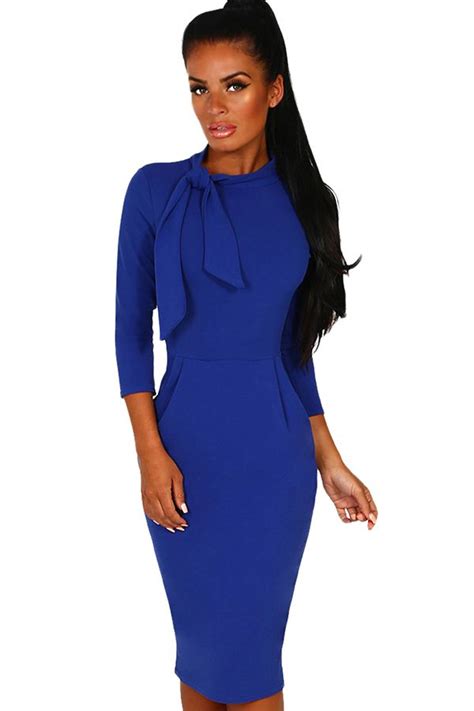 Vintage 3/4 Sleeve Bow Tie Neck Plain Bodycon Midi Dress Blue | Vintage midi dresses, Womens ...