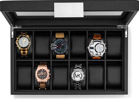 Glenor Co Watch Box for Men 12 Slot Luxury Carbon Fiber Design Display Case Large Holder Metal ...