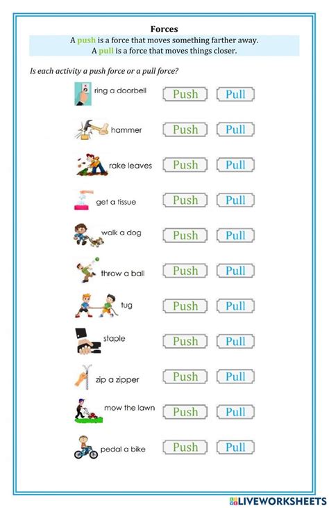 Forces - push or pull worksheet | Fun science worksheets, Third grade science worksheets ...