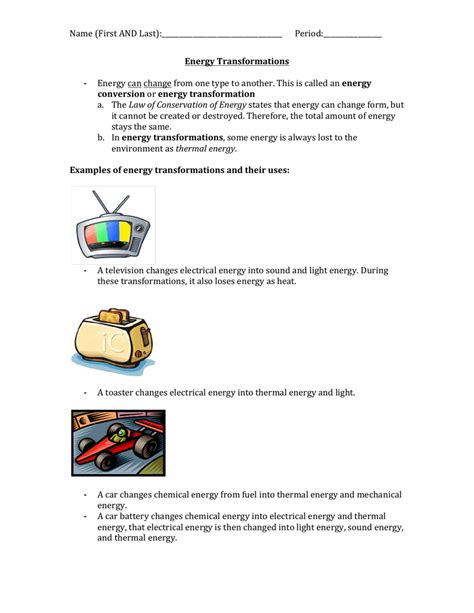 Energy Transformation Worksheet Answer Key - Wordworksheet.com