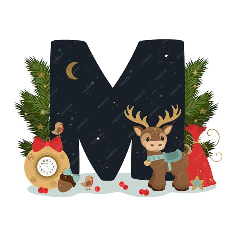 Premium Vector | Christmas alphabet. The letter "M" with festive elements.