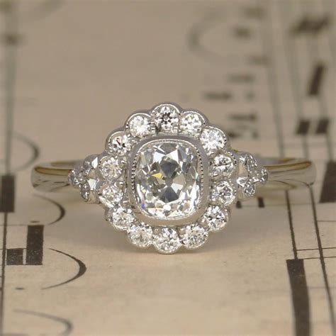 Art Deco Old Cushion Cut Diamond Halo Engagement Ring, Vintage Diamond ...