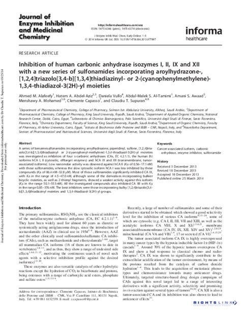 (PDF) Inhibition of human carbonic anhydrase isozymes I, II, IX and XII with a new series of ...