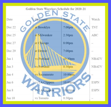 Golden State Warriors Printable Schedule 2020-21 | Francesco Printable