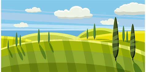 Lovely Country Rural Landscape, Pasture, Cartoon Style, Vector ...