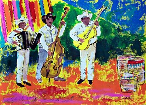 Original painting of Mexican musicians at Mexican market street, acrylic on paper 19.5"x 27.5 ...