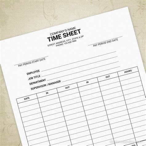 Employee Time Sheet Printable Form, Timesheet, Working Hours, Digital File Chart, Instant ...
