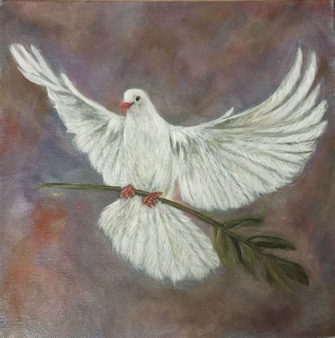 a painting of a white dove holding a twig