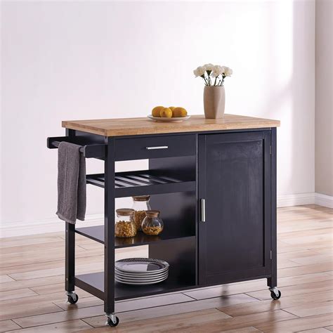 BELLEZE Wood Top Multi-Storage Cabinet Rolling Kitchen Island Table Cart with Wheels - Black ...