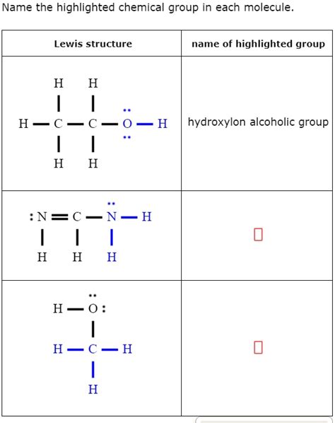 name the highlighted chemical group in each molecule lewis structure name of highlighted group h ...