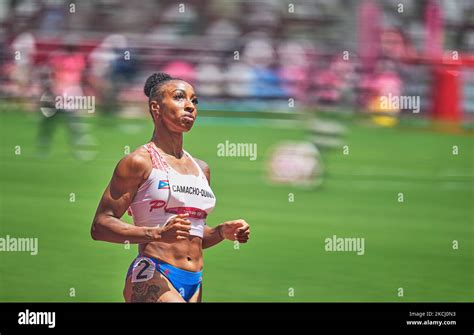 Jasmine Camacho-Quinn from Puerto Rico during 100 meter hurdles for women at the Tokyo Olympics ...