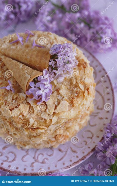 Hand Made Cake, Napoleon, Millefeuille, Cream Slice Cake On Marb Stock Image - Image of pastry ...