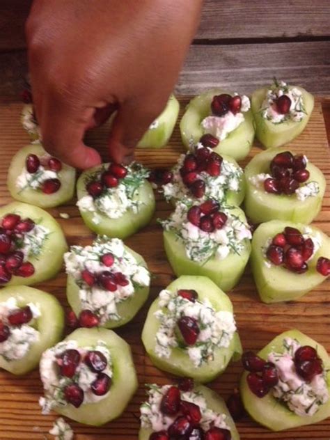 Filled cucumber canapes with feta, dill, mint, pomegranate | Canapes ...