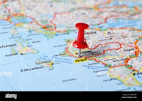 Close up of Pyrgos, Greece map with red pin - Travel concept Stock Photo - Alamy