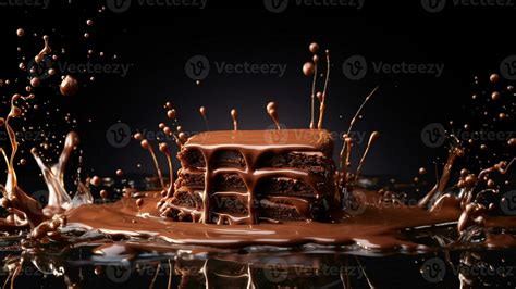 chocolate cake with layer and melted chocolate splash on dark background. generative AI 26851981 ...