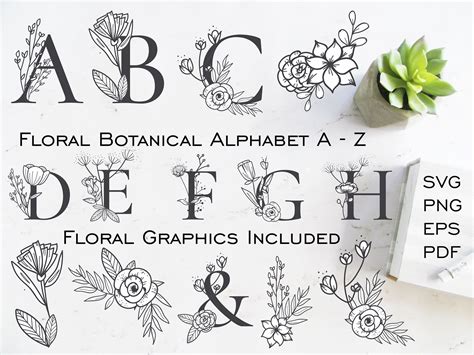 Floral Font Botanical A-Z Capitals PNG EPS PDF Svg Digital Clipart ...