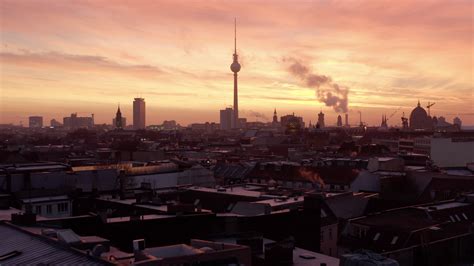 4K Stock Footage: Aerial of Berlin City Skyline at Sunset/Sunrise ...