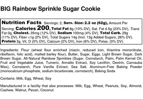 BIG Rainbow Sprinkle Sugar Cookie - Nutrition Label - Sweet Girl Cookies