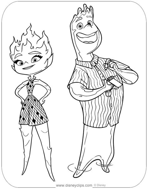 Coloring page of Ember and Wade from Disney Pixar's Elemental Disney ...