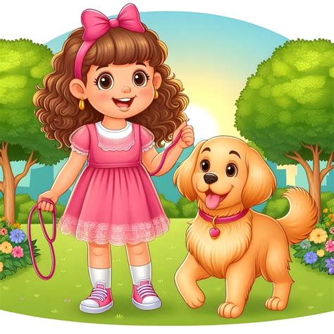 Premium Photo | A cartoon illustration of a girl with a dog