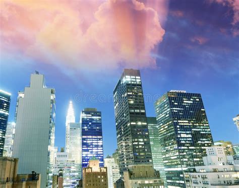 Aerial View of New York Manhattan Skyline at Sunset Stock Photo - Image ...