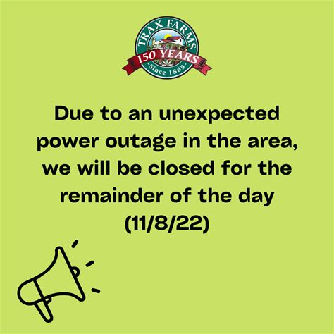 Due to an unexpected power outage in the area, we will be closed for ...