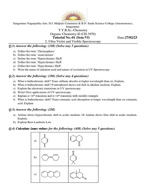 T Y B SC Tutorial No 2 Organic Chemistry II UV and Visible Spectros | PDF