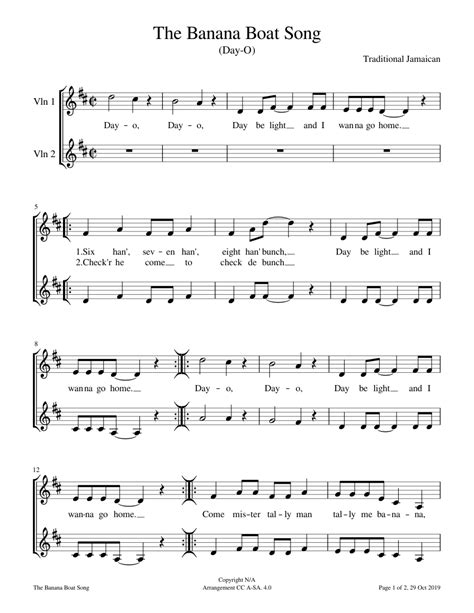 The Banana Boat Song sheet music for Violin download free in PDF or MIDI