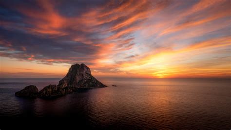 nature, landscape, sky, clouds, sunset, rocks, sea, Ibiza HD Wallpaper