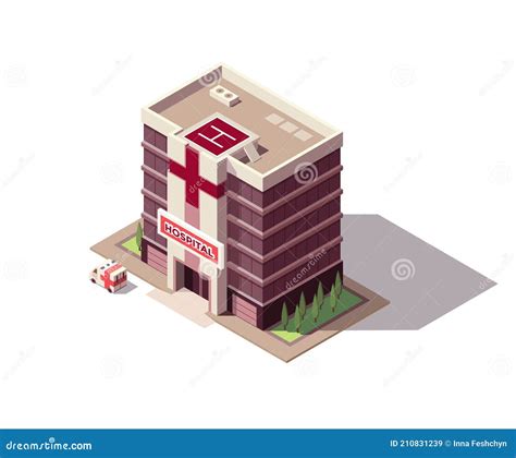 Isometric Hospital or Ambulance Building Mockup with Signage, Helicopter Pad and Transportation ...