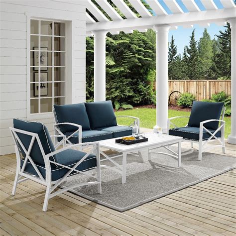 Kaplan 4-Piece Outdoor Seating Set In White With Navy Cushions- Loveseat, Two Arm Chairs, Coffee ...