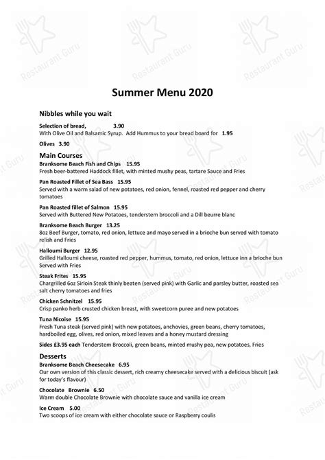 Menu at Branksome Beach Restaurant, Poole, Pinecliff Rd