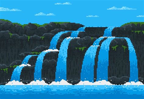 8 bit pixel game waterfall cascade landscape level 11153743 Vector Art ...