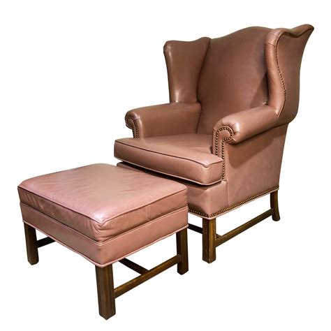 Vintage Top Grain Mauve Leather Wing Back Lounge Chair with Ottoman - Scranton Antiques