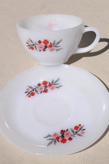 vintage Fire King milk glass dishes, Primrose pink flowers cups & saucers