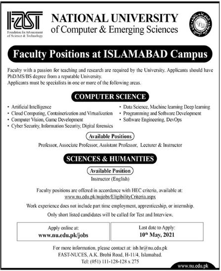 Fast University Islamabad Campus Jobs 2021 2024 Job Advertisement Pakistan