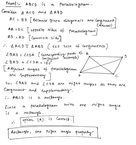 [Solved] The diagonals of parallelogram ABCD are congruent. Determine ...