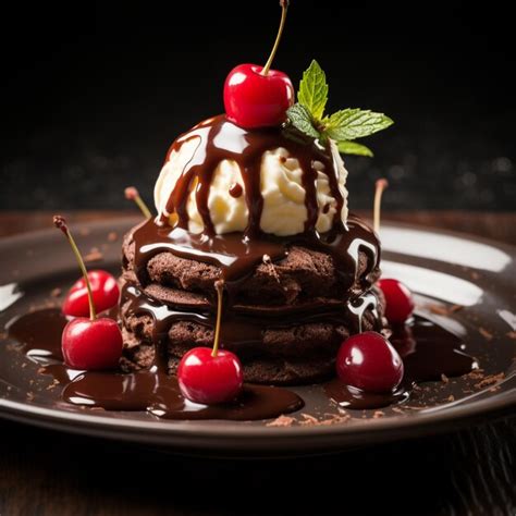 Premium AI Image | Free Photo choco lava cake red cherries chocolate sauce cream