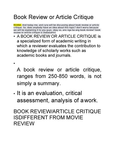 Book Review or Article Critique 2 - Book Review or Article Critique REANA: And today me, and ...