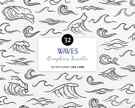 32 Waves Vector Clipart. Hand Drawn Wave Line Graphics. Beach - Etsy