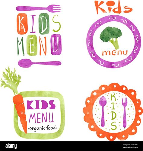 Watercolor kids menu logo design set. Collection of colorful vector menu emblems Stock Vector ...